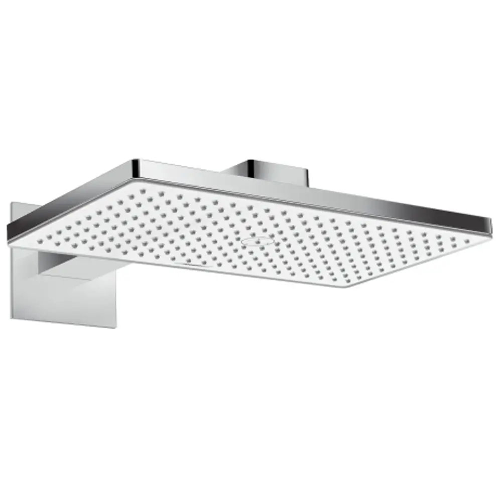 Kopfbrause von Hansgrohe in rechteckiger Form, mit einem glatten chromfarbenen Rahmen und einer weißen Duschfläche, zur Wandmontage geeignet.